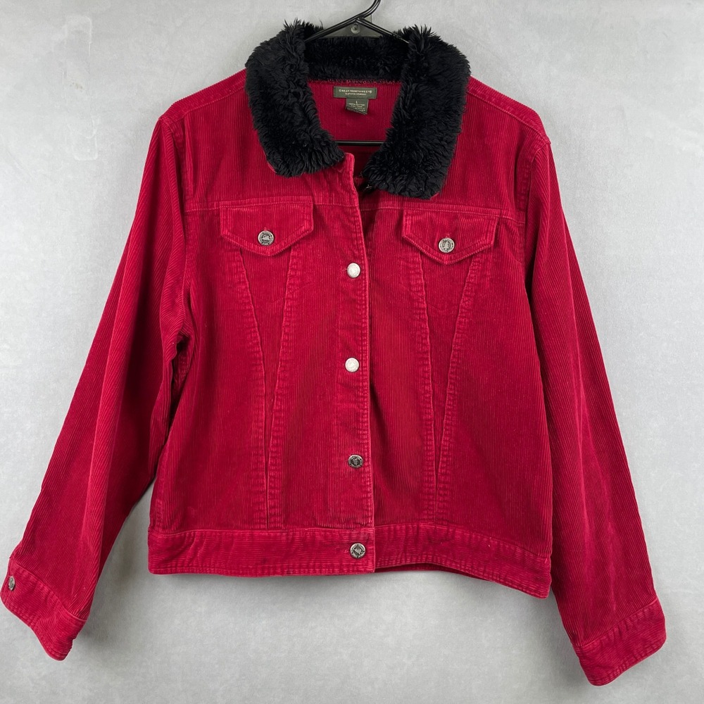 Great Northwest Red Corduroy Trucker Jacket Black Sherpa Trim Collar Gorp Wmns L